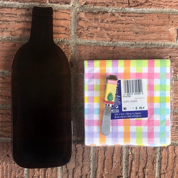 Melted Recycled Amber Glass Wine Bottle Cheese Tray Tropical Spreader & Napkins - Picture 1 of 7